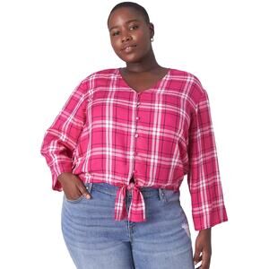 Lane Bryant Classic Button-Down Tie-Hem Top, Pink Plaid, Size 14